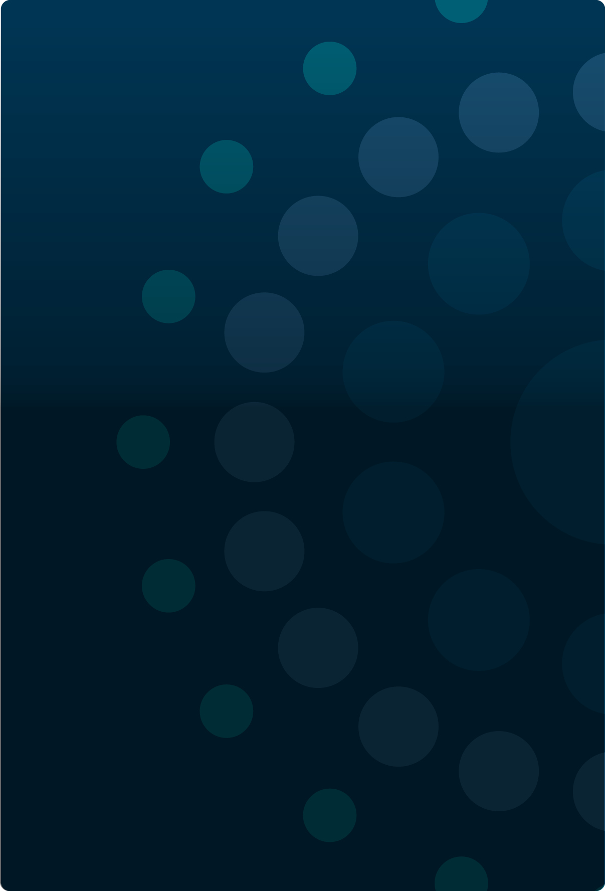 Rows of soft circles in teal and slate blue, growing larger from left to right across a dark navy gradient.